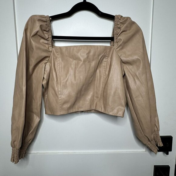 7 For All Mankind Faux Leather Puff Sleeve Square Neckline Smocked Back Medium M - Picture 7 of 7